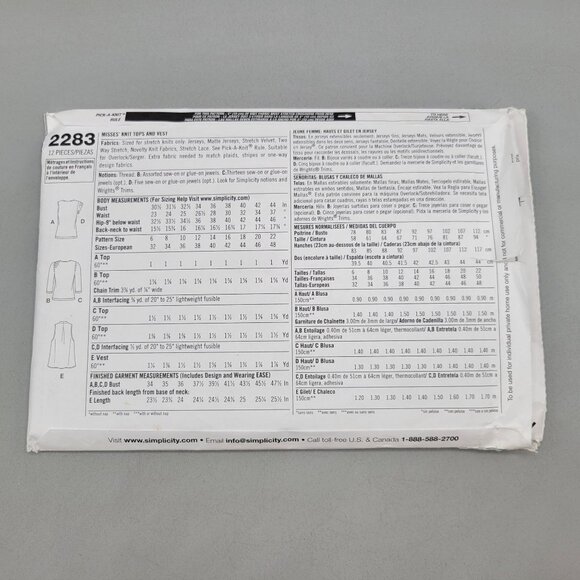 Simplicity 2283 Misses Knit Tops Vest Sewing Pattern Size R5 14-22 UNCUT - Picture 4 of 5